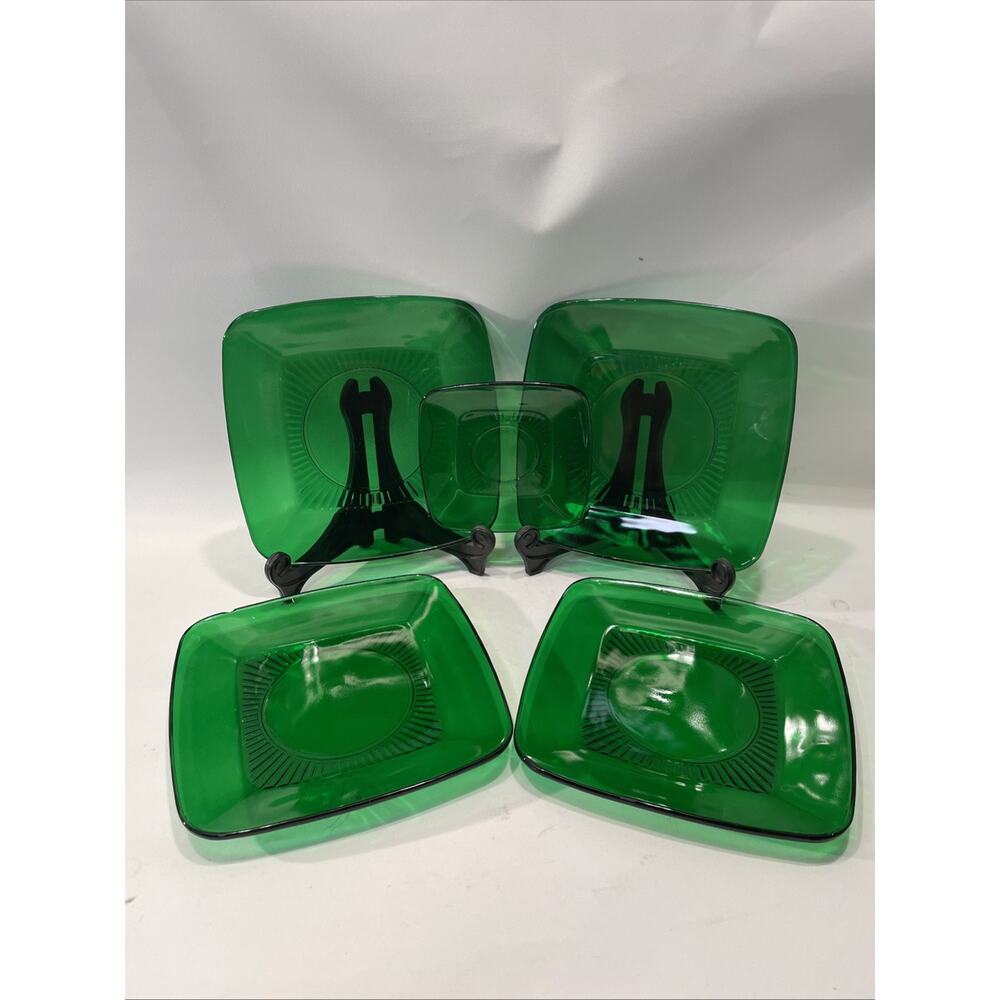 Anchor Hocking Charm Forest Green Set of 5 Saucers USA Fire King 50's Square